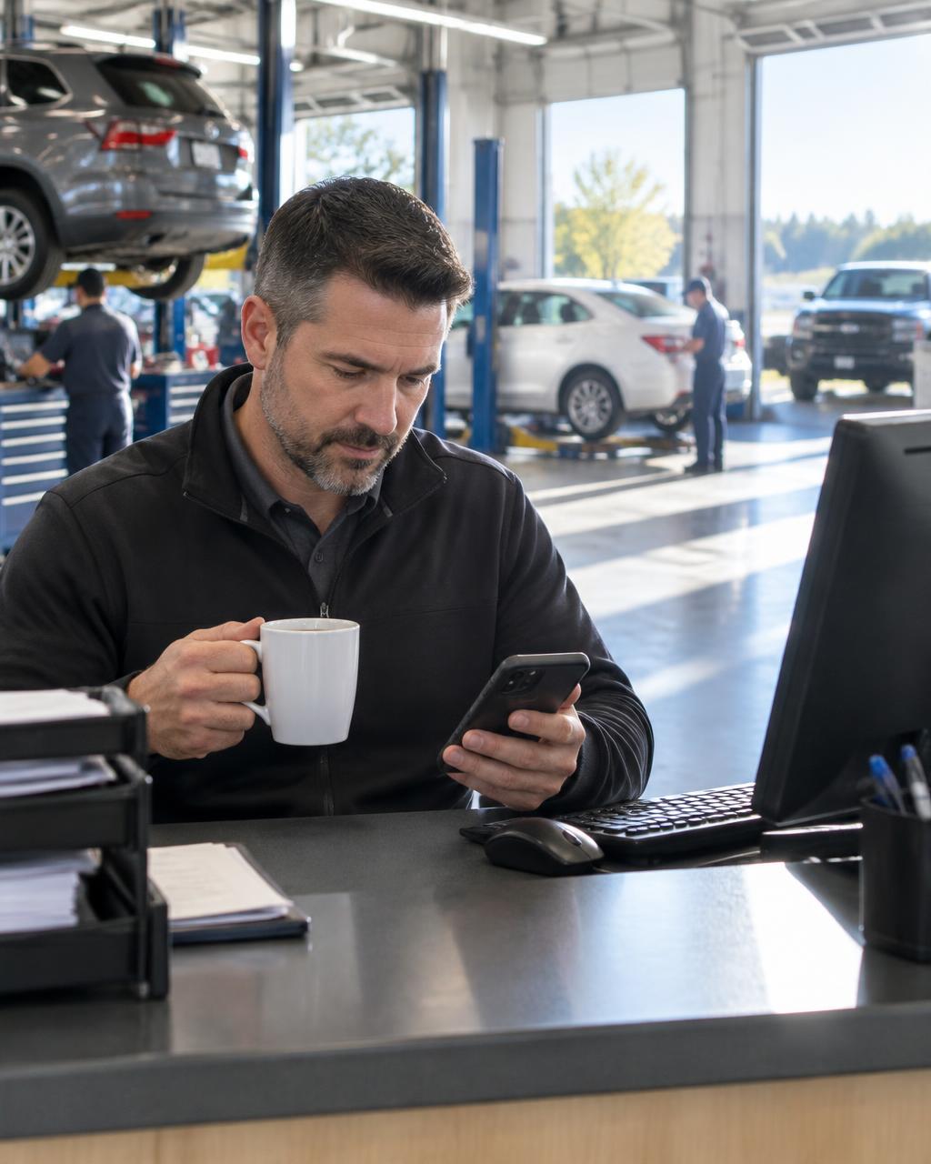 Service manager reading the morning brief with a coffee