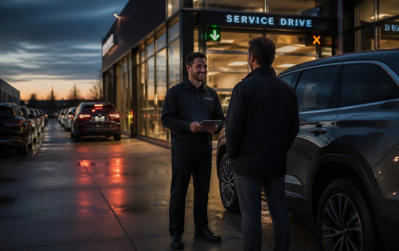 Service advisor greeting a customer on a dealership service drive at dusk